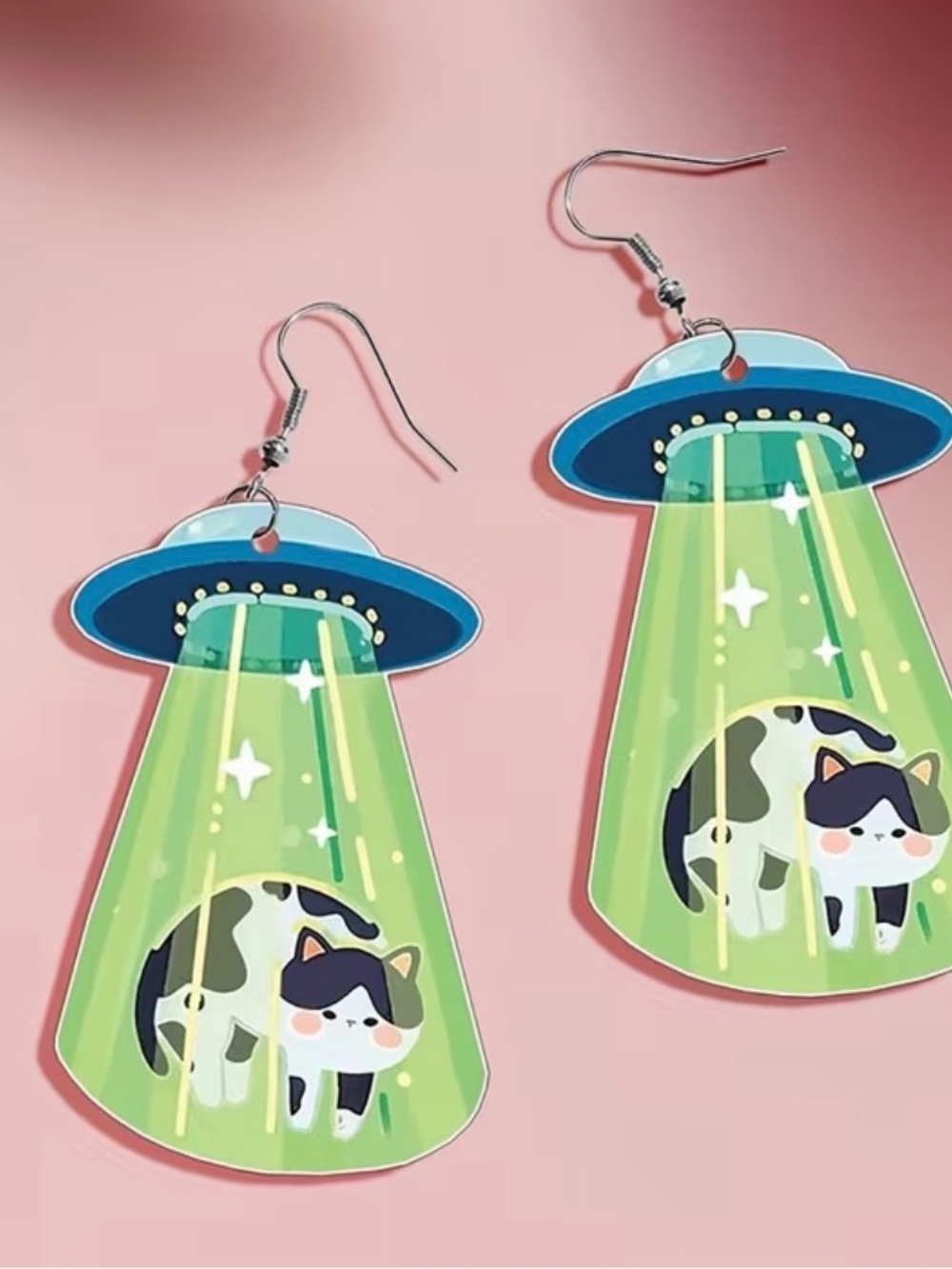 Cute Acrylic Green UFO Cat Drop Earrings